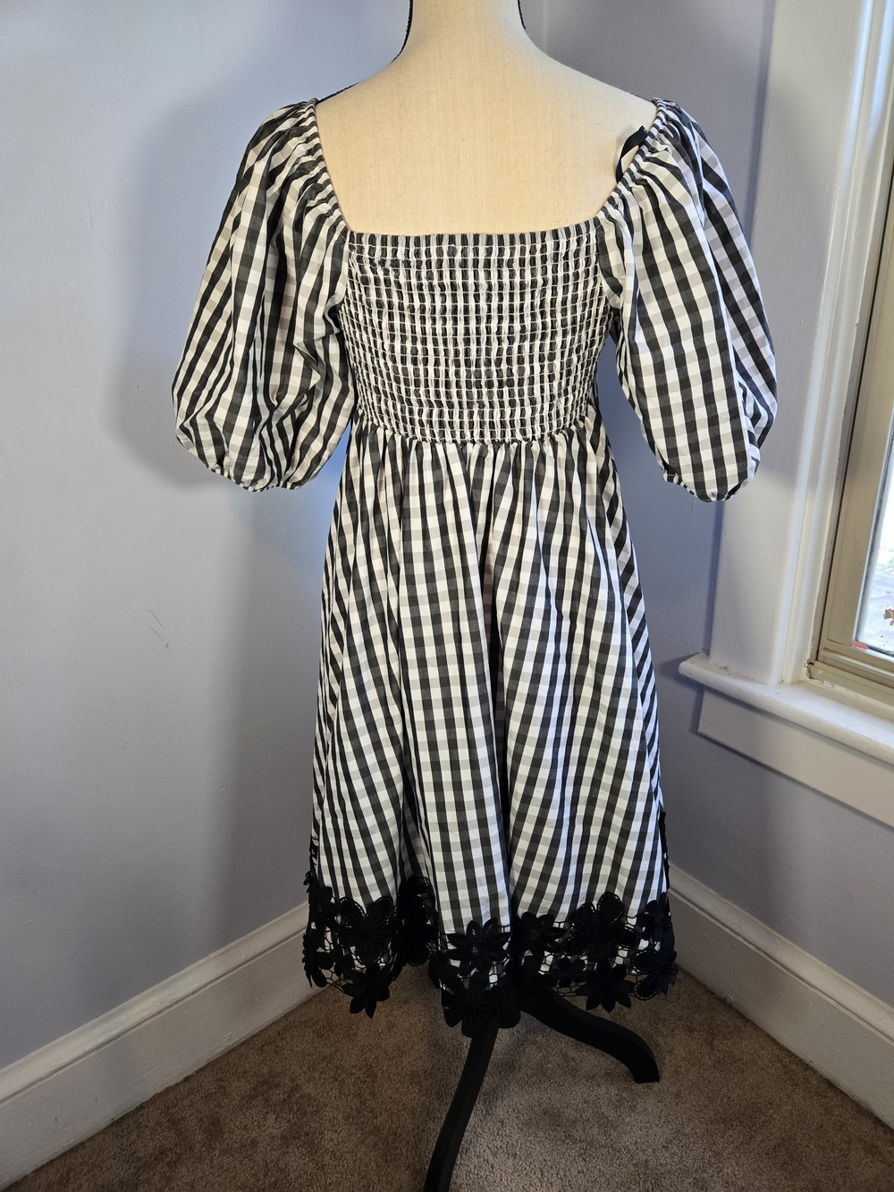 Kate Spade Spring Gingham Puff Sleeve Dress Midi L Black White Floral Lace Trim - Picture 5 of 9